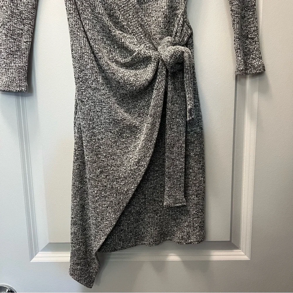 AKIRA V-Neck Tie Waist Mini Sweater Dress-Gray - Picture 3 of 8